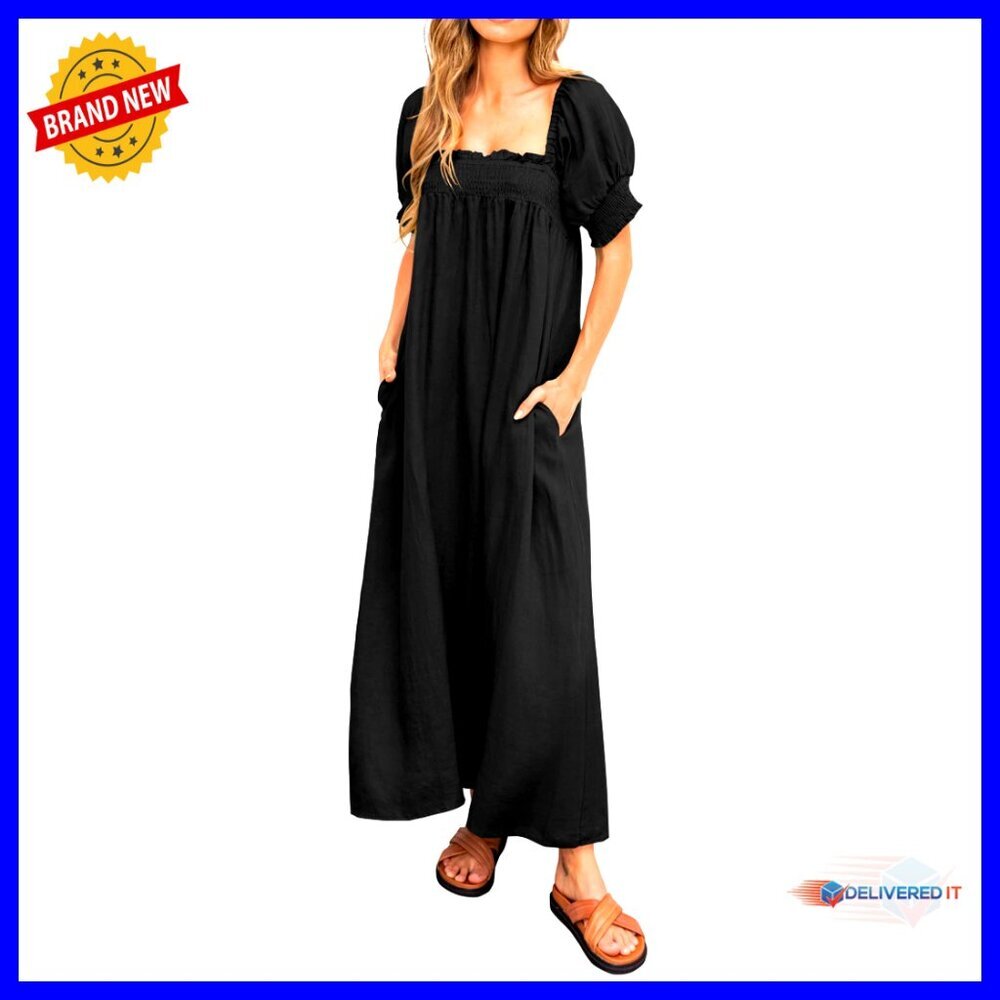 Summer Maxi Dress Loose Fit Puff Sleeves Square Neck Maternity Beach